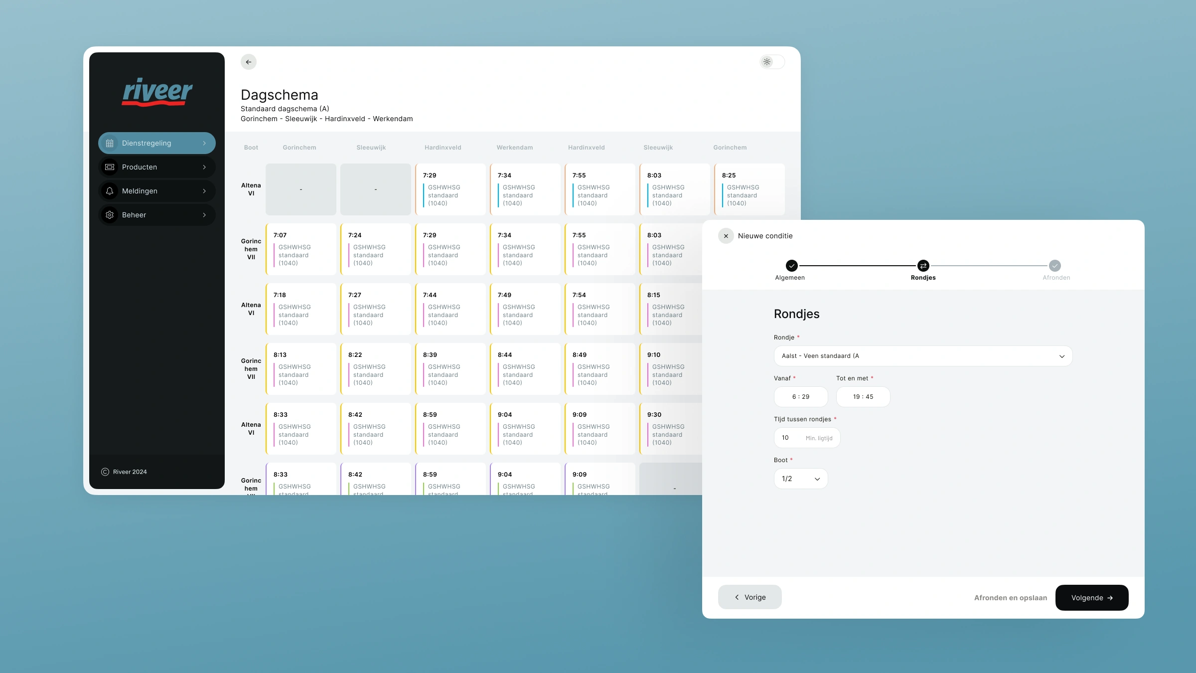 Overzicht dagschema vaarlijnen van de Riveer app