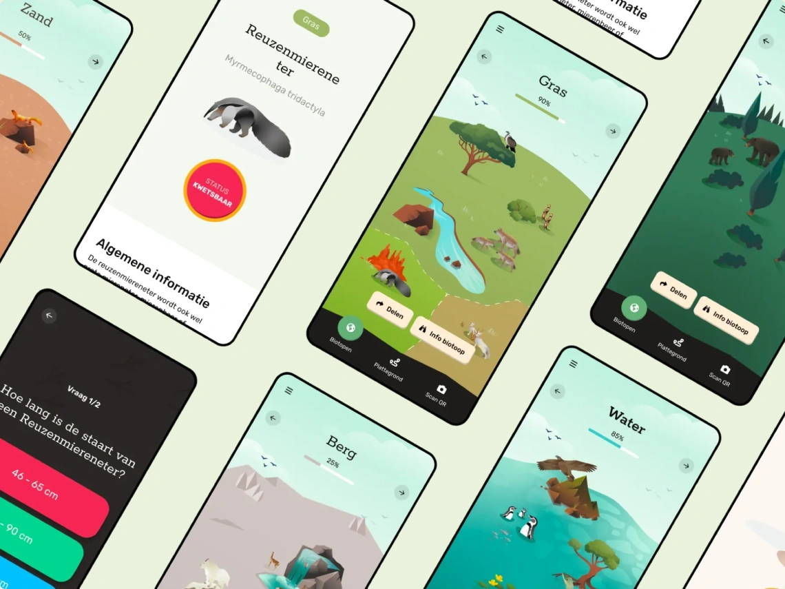 Overzicht verschillende schermen dierenpark-app