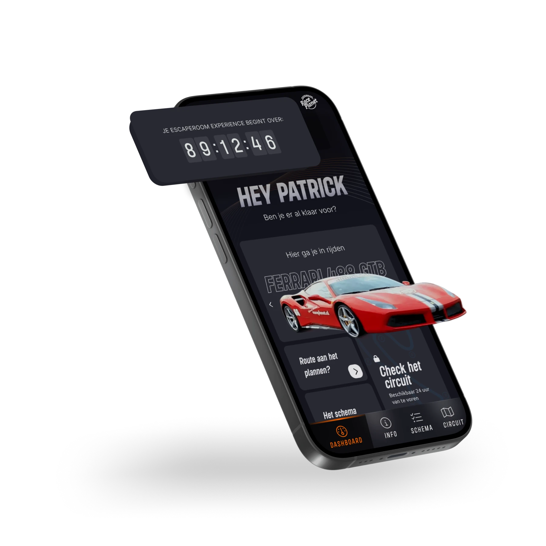 Mobiel ontwerp met een count down timer en een auto dat uit het scherm komt.